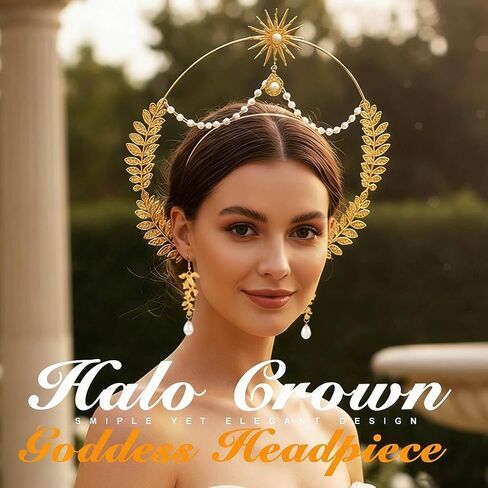 Sixexey Halo Crown Set Golden Greek Headband Earrings Egyptian Goddess Crown Mary Halo Headpiece Celestial Cosplay Costume Accessories for Women in Kuwait