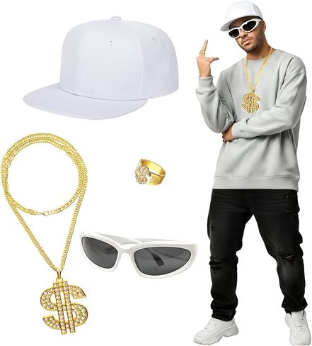 4 Pcs Hip Hop Costume Kit 80s 90s Outfit 2000s Accessories with Hat Sunglasses Chain Ring for Rapper Costume Fancy Dress Accessories Cosplay Carnival Theme Party in Kuwait