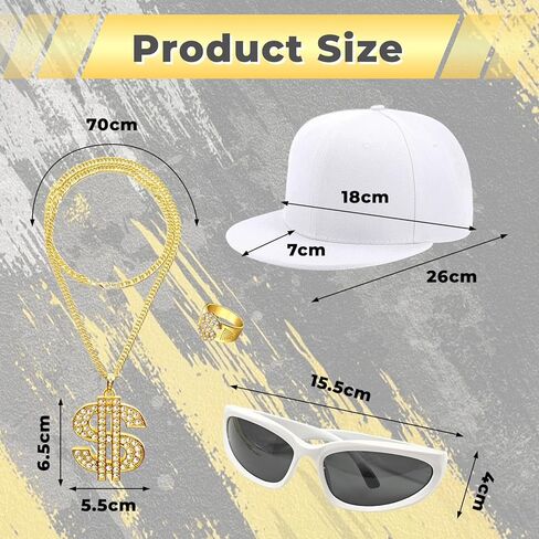 4 Pcs Hip Hop Costume Kit 80s 90s Outfit 2000s Accessories with Hat Sunglasses Chain Ring for Rapper Costume Fancy Dress Accessories Cosplay Carnival Theme Party in Kuwait