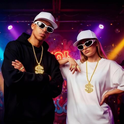 4 Pcs Hip Hop Costume Kit 80s 90s Outfit 2000s Accessories with Hat Sunglasses Chain Ring for Rapper Costume Fancy Dress Accessories Cosplay Carnival Theme Party in Kuwait