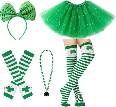 مجموعة أزياء عيد القديس باتريك مكونة من 5 قطع مع تنورة توتو على شكل نجمة ترتر خضراء، وقفازات مخططة لتدفئة الذراع، وجوارب عالية، وعصابة رأس على شكل ربطة عنق خضراء، وقلادة شامروك لإكسسوارات الحفلات النسائية in Kuwait