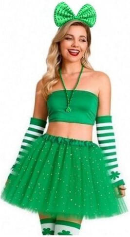 مجموعة أزياء عيد القديس باتريك مكونة من 5 قطع مع تنورة توتو على شكل نجمة ترتر خضراء، وقفازات مخططة لتدفئة الذراع، وجوارب عالية، وعصابة رأس على شكل ربطة عنق خضراء، وقلادة شامروك لإكسسوارات الحفلات النسائية in Kuwait