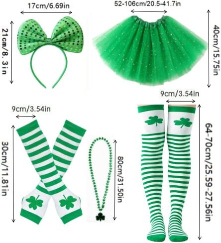 مجموعة أزياء عيد القديس باتريك مكونة من 5 قطع مع تنورة توتو على شكل نجمة ترتر خضراء، وقفازات مخططة لتدفئة الذراع، وجوارب عالية، وعصابة رأس على شكل ربطة عنق خضراء، وقلادة شامروك لإكسسوارات الحفلات النسائية in Kuwait