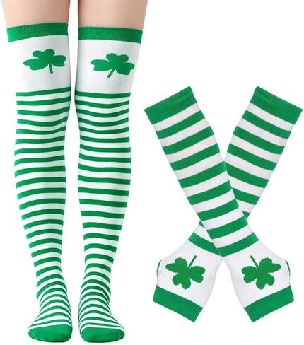 مجموعة أزياء عيد القديس باتريك مكونة من 5 قطع مع تنورة توتو على شكل نجمة ترتر خضراء، وقفازات مخططة لتدفئة الذراع، وجوارب عالية، وعصابة رأس على شكل ربطة عنق خضراء، وقلادة شامروك لإكسسوارات الحفلات النسائية in Kuwait