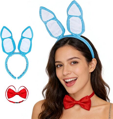 2Pcs Easter Bunny Costume Accessories Set with Rabbit Ears Headband and Red Bow Tie for Halloween, Cosplay, Party in Saudi Arabia
