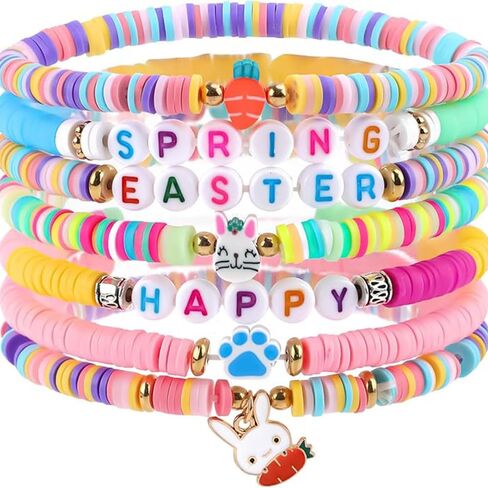 Eioi & Lmnm 7PCS Easter Bracelets Bulk for Women, Cute Bunny Heishi Surfer Stretch Bracelets, Colorful Beaded Stackable Rabbit Bracelet, Bunny Rabbit Jewelry for Easter Basket Stuffers in Kuwait