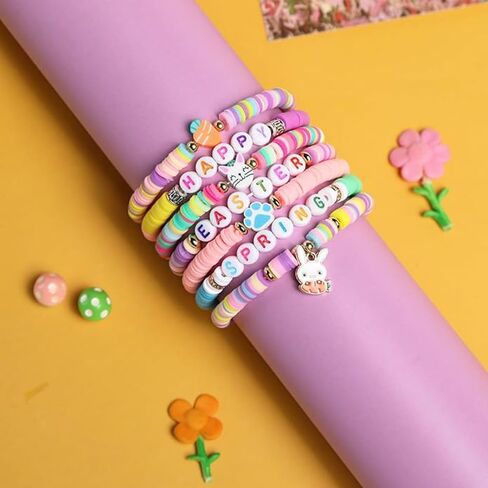 Eioi & Lmnm 7PCS Easter Bracelets Bulk for Women, Cute Bunny Heishi Surfer Stretch Bracelets, Colorful Beaded Stackable Rabbit Bracelet, Bunny Rabbit Jewelry for Easter Basket Stuffers in Kuwait