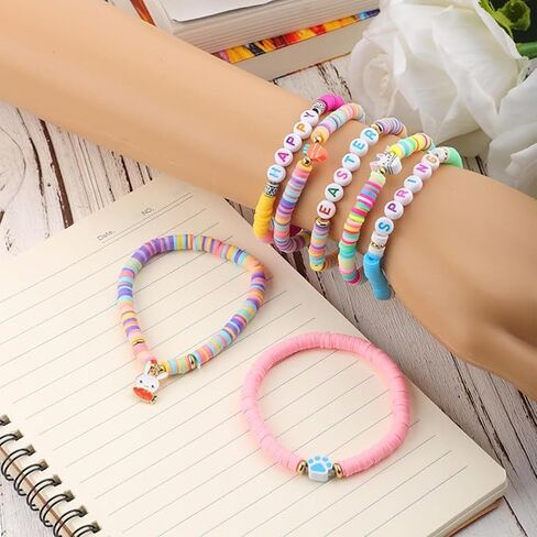 Eioi & Lmnm 7PCS Easter Bracelets Bulk for Women, Cute Bunny Heishi Surfer Stretch Bracelets, Colorful Beaded Stackable Rabbit Bracelet, Bunny Rabbit Jewelry for Easter Basket Stuffers in Kuwait