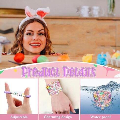 Eioi & Lmnm 7PCS Easter Bracelets Bulk for Women, Cute Bunny Heishi Surfer Stretch Bracelets, Colorful Beaded Stackable Rabbit Bracelet, Bunny Rabbit Jewelry for Easter Basket Stuffers in Kuwait