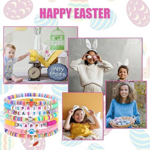 Eioi & Lmnm 7PCS Easter Bracelets Bulk for Women, Cute Bunny Heishi Surfer Stretch Bracelets, Colorful Beaded Stackable Rabbit Bracelet, Bunny Rabbit Jewelry for Easter Basket Stuffers in Kuwait