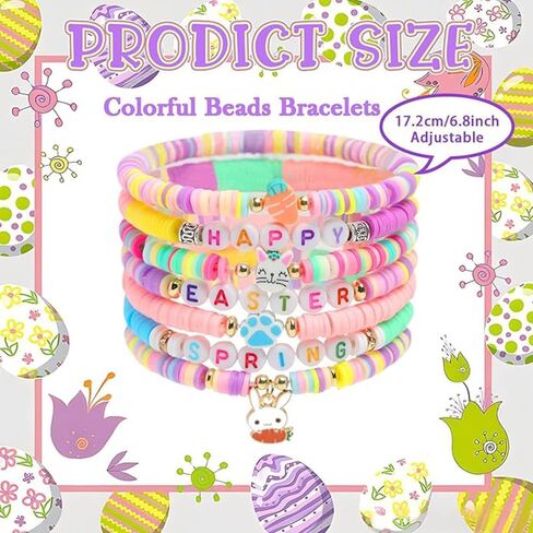 Eioi & Lmnm 7PCS Easter Bracelets Bulk for Women, Cute Bunny Heishi Surfer Stretch Bracelets, Colorful Beaded Stackable Rabbit Bracelet, Bunny Rabbit Jewelry for Easter Basket Stuffers in Kuwait