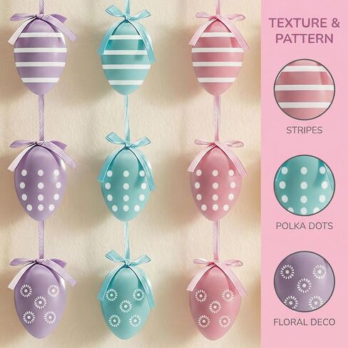 12 Pieces Easter Hanging Eggs, Colorful Plastic Easter Egg Ornaments with Ribbon for Tree Basket Decor, Spring Party Favors, Egg Hunt and Home Decoration, Easter Gifts in Saudi Arabia