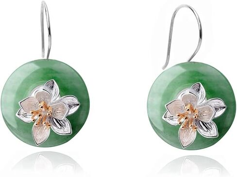 Designer Lotus Flower Dangle Earrings with Natural Gemstone Green Aventurine in 925 Sterling Silver Handmade Women Fine Jewelry - PremiumPearl in Kuwait