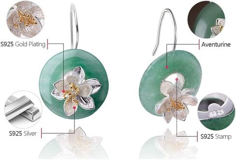 Designer Lotus Flower Dangle Earrings with Natural Gemstone Green Aventurine in 925 Sterling Silver Handmade Women Fine Jewelry - PremiumPearl in Kuwait