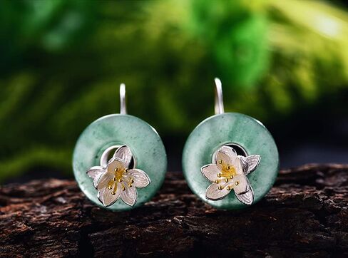 Designer Lotus Flower Dangle Earrings with Natural Gemstone Green Aventurine in 925 Sterling Silver Handmade Women Fine Jewelry - PremiumPearl in Kuwait