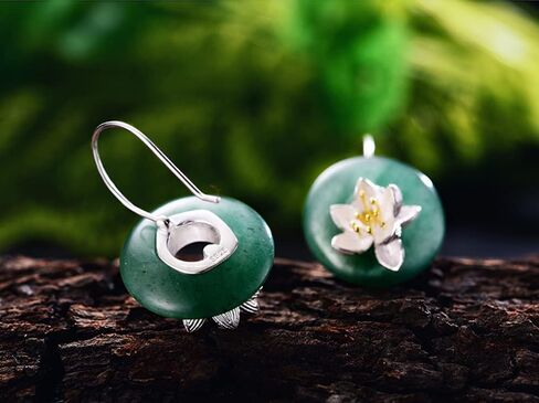 Designer Lotus Flower Dangle Earrings with Natural Gemstone Green Aventurine in 925 Sterling Silver Handmade Women Fine Jewelry - PremiumPearl in Kuwait