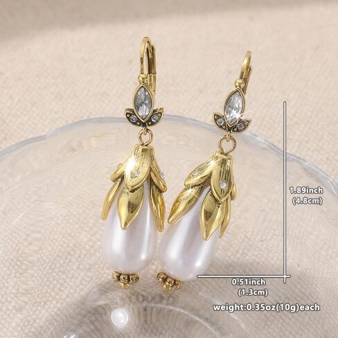 1 Pair of Women's Retro Flower Imitation Pearl Lily Pendant Earrings Inlaid with Synthetic Zirconia, Used As Daily Party Gifts in Saudi Arabia