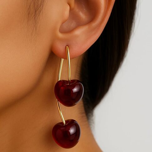 Cherry Dangle Earrings for Women, Cute Red Fruit Drop Earrings, Statement Jewelry, Fun and Quirky Gifts, Lightweight Gold Fruit Accessories in Saudi Arabia