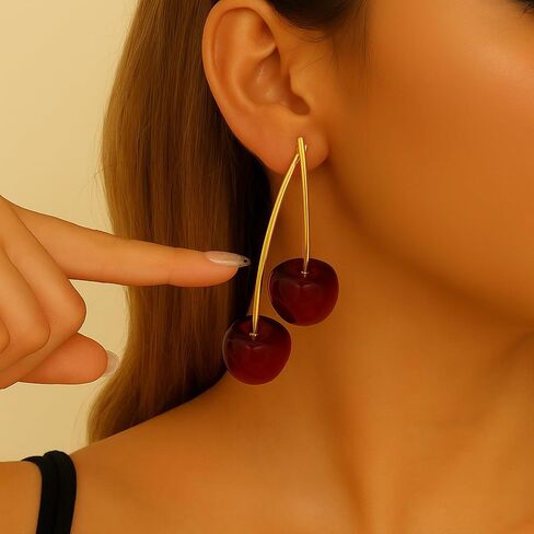 Cherry Dangle Earrings for Women, Cute Red Fruit Drop Earrings, Statement Jewelry, Fun and Quirky Gifts, Lightweight Gold Fruit Accessories in Saudi Arabia