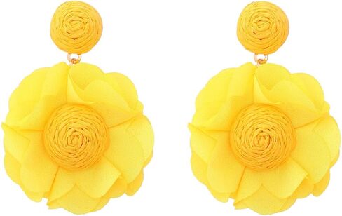 Kercisbeauty Raffia Straw Braid Flower Earrings Chiffon Petal Dangle Drop for Women Spring Summer Holiday Jewelry in Saudi Arabia