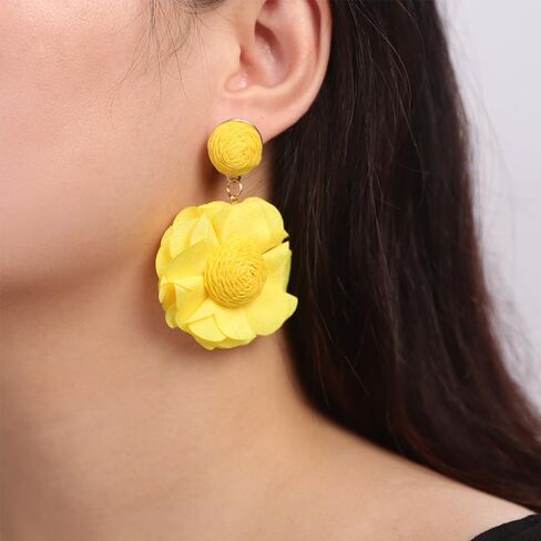 Kercisbeauty Raffia Straw Braid Flower Earrings Chiffon Petal Dangle Drop for Women Spring Summer Holiday Jewelry in Saudi Arabia