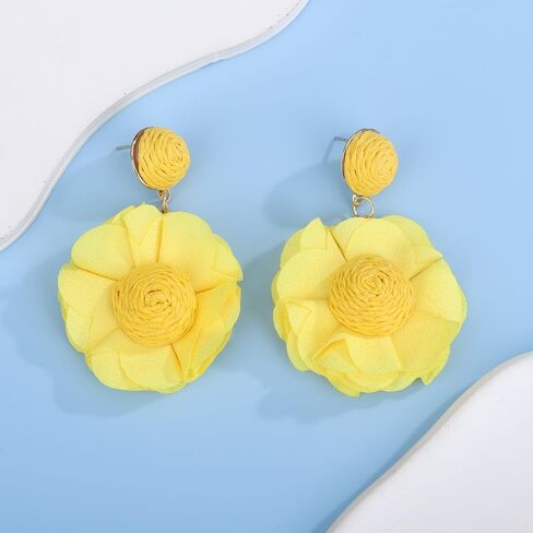 Kercisbeauty Raffia Straw Braid Flower Earrings Chiffon Petal Dangle Drop for Women Spring Summer Holiday Jewelry in Saudi Arabia