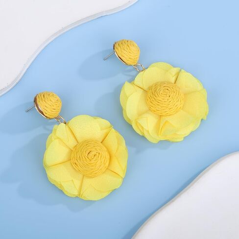 Kercisbeauty Raffia Straw Braid Flower Earrings Chiffon Petal Dangle Drop for Women Spring Summer Holiday Jewelry in Saudi Arabia