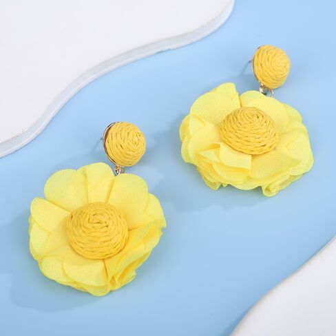 Kercisbeauty Raffia Straw Braid Flower Earrings Chiffon Petal Dangle Drop for Women Spring Summer Holiday Jewelry in Saudi Arabia