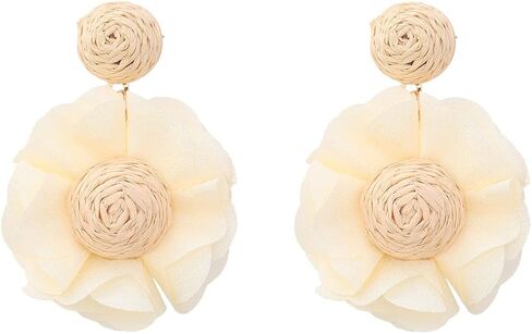 Kercisbeauty Raffia Straw Braid Flower Earrings Chiffon Petal Dangle Drop for Women Spring Summer Holiday Jewelry in Saudi Arabia