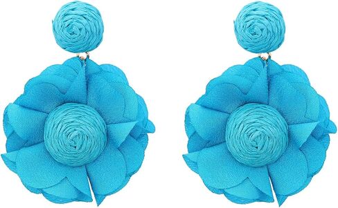 Kercisbeauty Raffia Straw Braid Flower Earrings Chiffon Petal Dangle Drop for Women Spring Summer Holiday Jewelry in Saudi Arabia