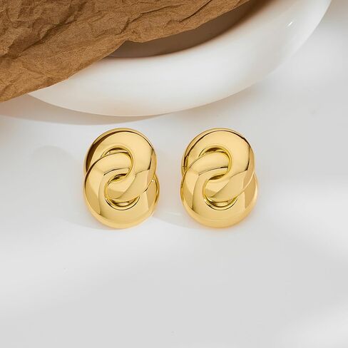 Chunky Round Link Earrings for Women 14k Gold Plated Geometric Knot Drop Dangle Earrings Big Statement Dangle Earrings Jewelry in Kuwait