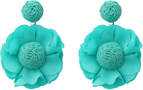 Kercisbeauty Raffia Straw Braid Flower Earrings Chiffon Petal Dangle Drop for Women Spring Summer Holiday Jewelry in Saudi Arabia