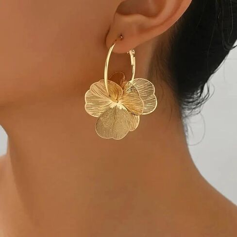 Chunky Gold Flower Statement Hoop Earrings for Women,Vintage Bohemian Petals Drop Dangle Earring,Personalized Trendy Jewelry Accessories Gifts in Saudi Arabia