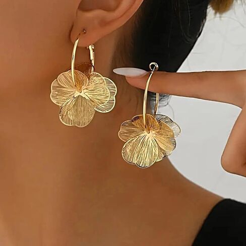 Chunky Gold Flower Statement Hoop Earrings for Women,Vintage Bohemian Petals Drop Dangle Earring,Personalized Trendy Jewelry Accessories Gifts in Saudi Arabia