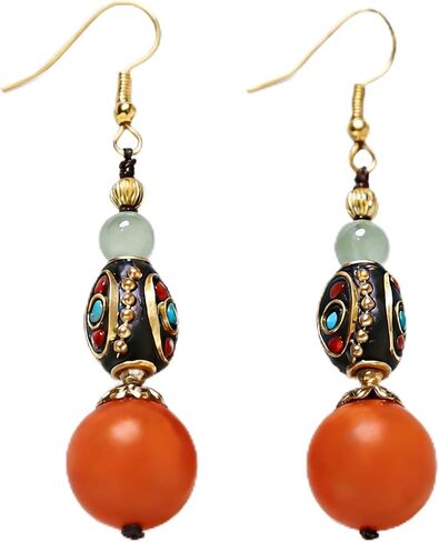 Tibetan Dangle Earrings for Women, Handmade Vintage Statement Exotic Lightweight Brass Fish-hook Natural Colored Crystal Stone Drop Earrings with Jewelry Box in Kuwait