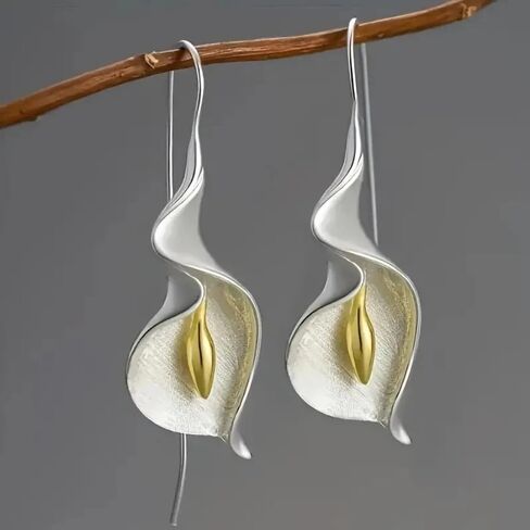 18K Gold Plated, Calla Lily Drop Earrings for Women – Elegant Silver and Gold Flower-Inspired Dangle Earrings – Artistic Nature Statement Jewelry Gift #D010425 in Kuwait