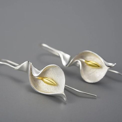 18K Gold Plated, Calla Lily Drop Earrings for Women – Elegant Silver and Gold Flower-Inspired Dangle Earrings – Artistic Nature Statement Jewelry Gift #D010425 in Kuwait