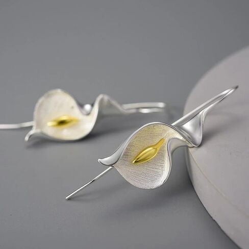 18K Gold Plated, Calla Lily Drop Earrings for Women – Elegant Silver and Gold Flower-Inspired Dangle Earrings – Artistic Nature Statement Jewelry Gift #D010425 in Kuwait
