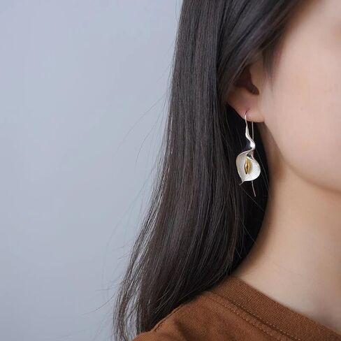 18K Gold Plated, Calla Lily Drop Earrings for Women – Elegant Silver and Gold Flower-Inspired Dangle Earrings – Artistic Nature Statement Jewelry Gift #D010425 in Kuwait