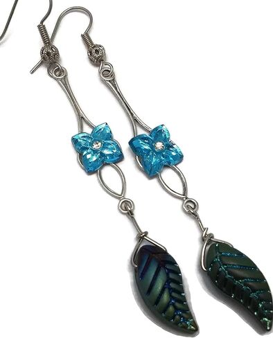 Long Blue Flower and Leaf Earrings in Kuwait