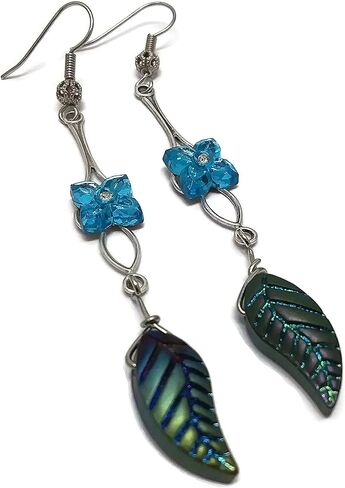 Long Blue Flower and Leaf Earrings in Kuwait