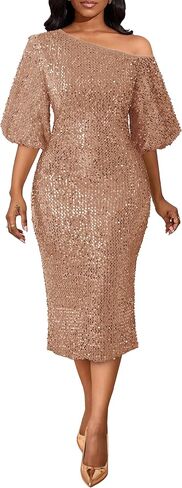 VERWIN Women's Oblique One Shoulder Sequin Elegant Party Cocktail Sparkly Puff Sleeves Midi Dress in Saudi Arabia