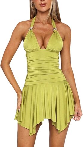 المرأة الرسن فستان قصير قصير الخامس الرقبة قطع قطعة واحدة Bodycon فلوي غير النظامية الكشكشة Ruched عارية الذراعين فستان سهرة الحفلات in Saudi Arabia