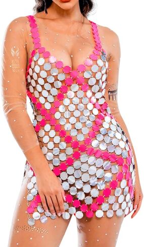 JEWEKY Sequin Chainmail Mini Dress Silver Disco Dress Sparkly Club Dress for Women in Saudi Arabia
