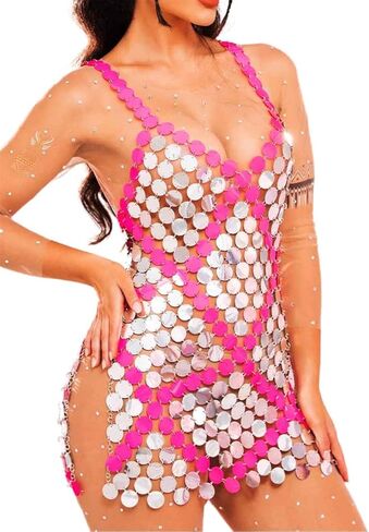 JEWEKY Sequin Chainmail Mini Dress Silver Disco Dress Sparkly Club Dress for Women in Saudi Arabia