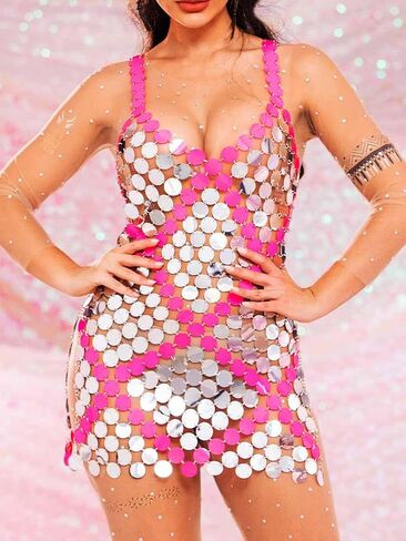 JEWEKY Sequin Chainmail Mini Dress Silver Disco Dress Sparkly Club Dress for Women in Saudi Arabia