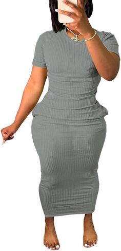 Women's Short Sleeve Dress T Shirt Bodycon Ribbed V Neck Maxi Sundress Basic Party Club Night Out Dresst-Gray-M in Kuwait