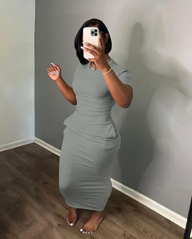 Women's Short Sleeve Dress T Shirt Bodycon Ribbed V Neck Maxi Sundress Basic Party Club Night Out Dresst-Gray-M in Kuwait