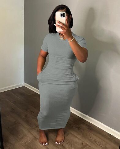 Women's Short Sleeve Dress T Shirt Bodycon Ribbed V Neck Maxi Sundress Basic Party Club Night Out Dresst-Gray-M in Kuwait