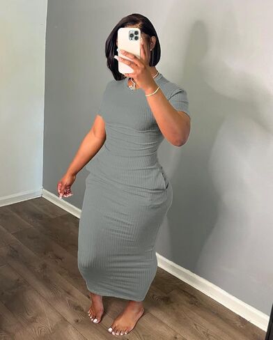 Women's Short Sleeve Dress T Shirt Bodycon Ribbed V Neck Maxi Sundress Basic Party Club Night Out Dresst-Gray-M in Kuwait